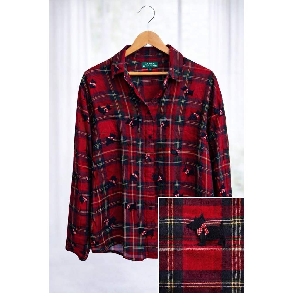 Lauren Ralph Lauren Red Plaid Scottie Dog Button Up Shirt Wool Blend 2X Read